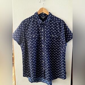 Eddie Bauer Navy Blue Button Down Shirt with White Pattern